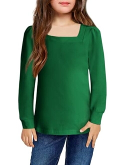 Girls Shirt Casual Square Neck Long Sleeve Shirts Fall Winter Tunic Tops for Girls 5-12 Years