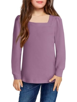 Girls Shirt Casual Square Neck Long Sleeve Shirts Fall Winter Tunic Tops for Girls 5-12 Years