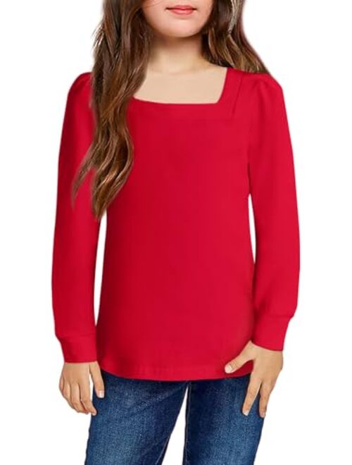 Arshiner Girls Shirt Casual Square Neck Long Sleeve Shirts Fall Winter Tunic Tops for Girls 5-12 Years