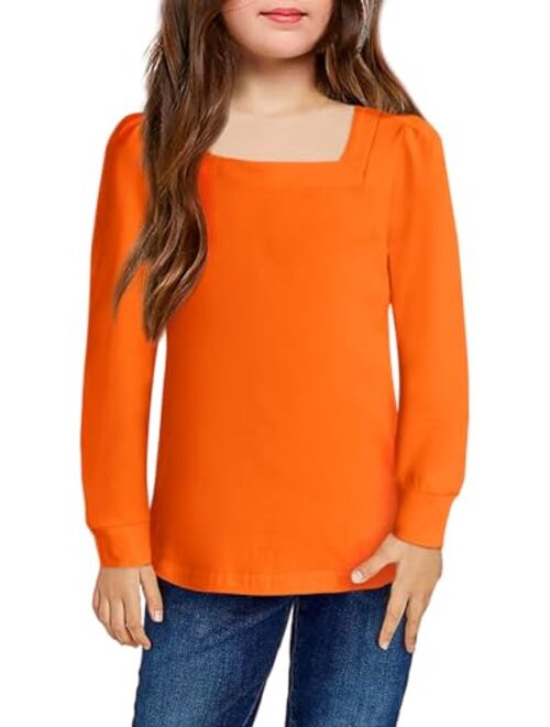 Arshiner Girls Shirt Casual Square Neck Long Sleeve Shirts Fall Winter Tunic Tops for Girls 5-12 Years