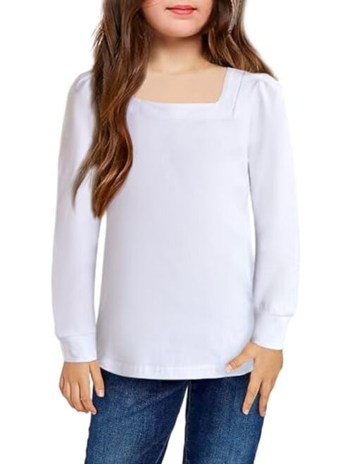 Arshiner Girls Shirt Casual Square Neck Long Sleeve Shirts Fall Winter Tunic Tops for Girls 5-12 Years