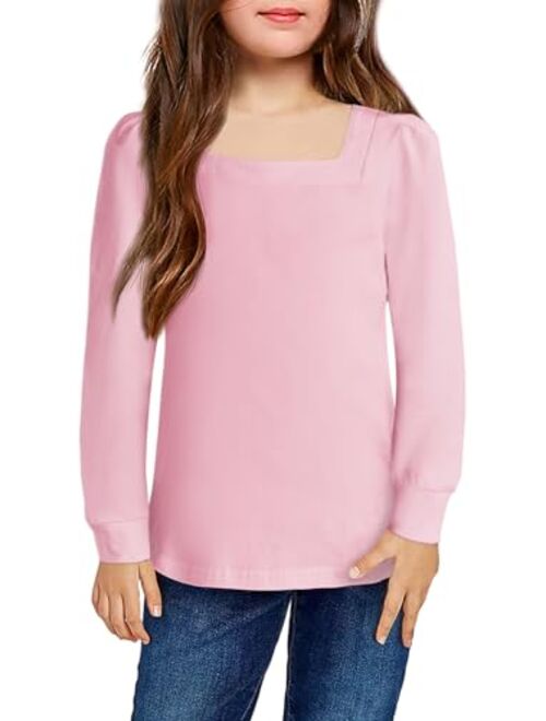 Arshiner Girls Shirt Casual Square Neck Long Sleeve Shirts Fall Winter Tunic Tops for Girls 5-12 Years