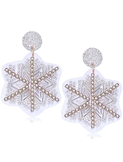 NVENF Christmas Beaded Snowflake Earrings for Women Girls Holiday Rhinestone Snowflake Drop Dangle Earrings Festive Xmas Jewelry Gifts