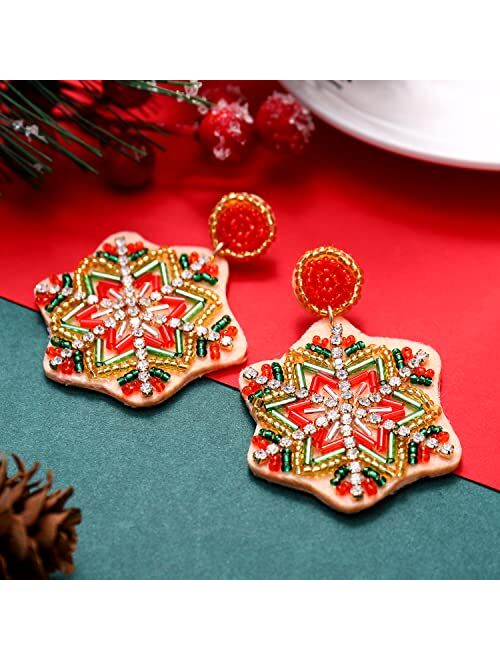 NVENF Christmas Beaded Snowflake Earrings for Women Girls Holiday Rhinestone Snowflake Drop Dangle Earrings Festive Xmas Jewelry Gifts