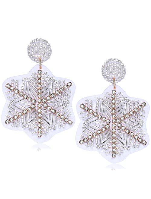 NVENF Christmas Beaded Snowflake Earrings for Women Girls Holiday Rhinestone Snowflake Drop Dangle Earrings Festive Xmas Jewelry Gifts