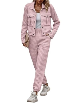 Womens 2023 Fall 2 Piece Outfits Tracksuit Long Sleeve Button Down Shacket Jacket Pockets Long Pants Casual Set