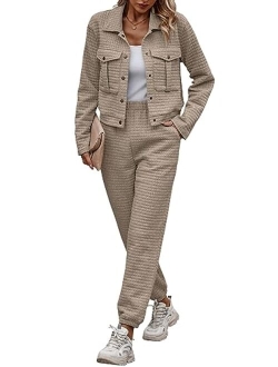 Womens 2023 Fall 2 Piece Outfits Tracksuit Long Sleeve Button Down Shacket Jacket Pockets Long Pants Casual Set