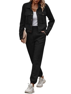 Womens 2023 Fall 2 Piece Outfits Tracksuit Long Sleeve Button Down Shacket Jacket Pockets Long Pants Casual Set