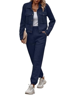 Womens 2023 Fall 2 Piece Outfits Tracksuit Long Sleeve Button Down Shacket Jacket Pockets Long Pants Casual Set