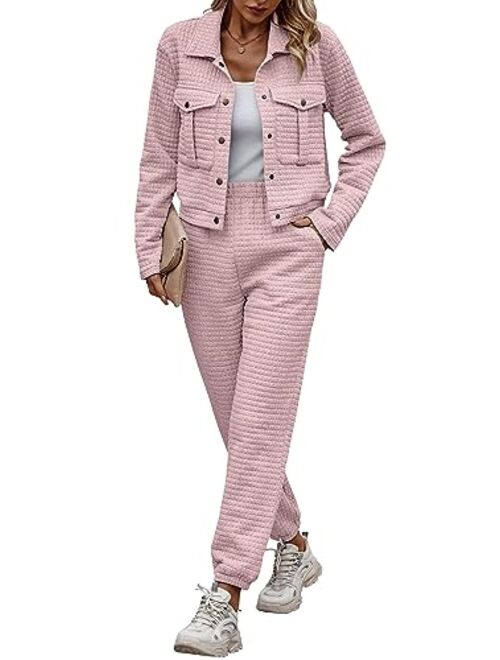 PRETTYGARDEN Womens 2023 Fall 2 Piece Outfits Tracksuit Long Sleeve Button Down Shacket Jacket Pockets Long Pants Casual Set