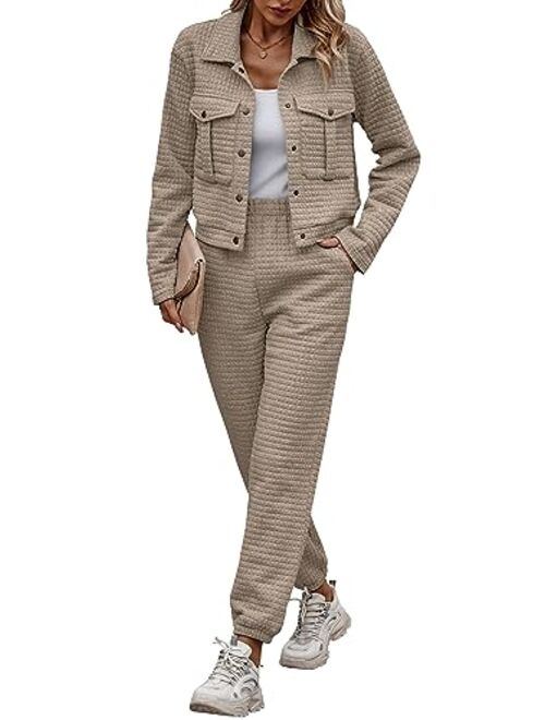 PRETTYGARDEN Womens 2023 Fall 2 Piece Outfits Tracksuit Long Sleeve Button Down Shacket Jacket Pockets Long Pants Casual Set