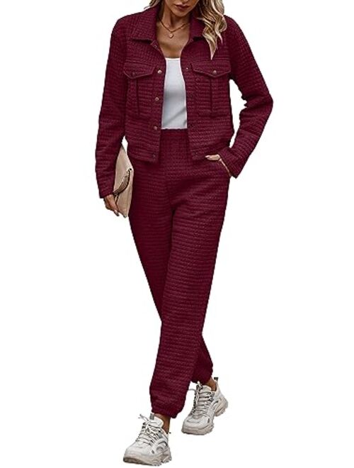 PRETTYGARDEN Womens 2023 Fall 2 Piece Outfits Tracksuit Long Sleeve Button Down Shacket Jacket Pockets Long Pants Casual Set