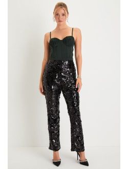 Glittery Charm Black Sequin High Rise Trouser Pants