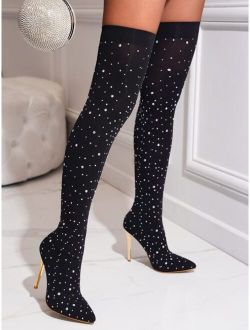 Women Bling Rhinestone Decor Point Toe Stiletto Heeled High-Tight Boots