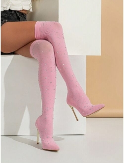 Women Bling Rhinestone Decor Point Toe Stiletto Heeled High-Tight Boots