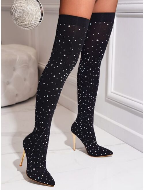 Shein Women Bling Rhinestone Decor Point Toe Stiletto Heeled High-Tight Boots