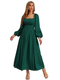 Women's Square Neck Flounce Shirred Ruffle Hem Elegant Long Sleeve Maxi Dress