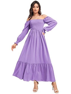 Women's Square Neck Flounce Shirred Ruffle Hem Elegant Long Sleeve Maxi Dress