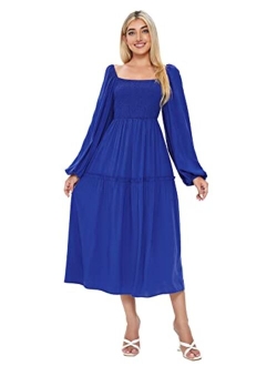 Women's Square Neck Flounce Shirred Ruffle Hem Elegant Long Sleeve Maxi Dress