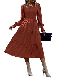 Women's Square Neck Flounce Shirred Ruffle Hem Elegant Long Sleeve Maxi Dress