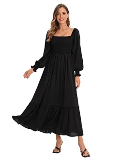 Women's Square Neck Flounce Shirred Ruffle Hem Elegant Long Sleeve Maxi Dress