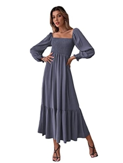 Women's Square Neck Flounce Shirred Ruffle Hem Elegant Long Sleeve Maxi Dress