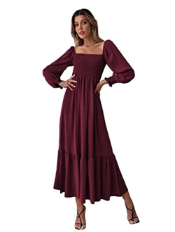 Women's Square Neck Flounce Shirred Ruffle Hem Elegant Long Sleeve Maxi Dress