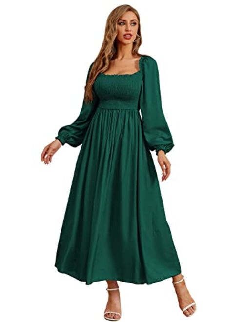 WDIRARA Women's Square Neck Flounce Shirred Ruffle Hem Elegant Long Sleeve Maxi Dress