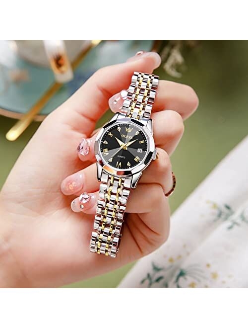 OLEVS Silver Watch for Women Analog Quartz Diamond Fashion Elegant Dress Ladies Watch Stainless Steel Two Tone Day Date Wrist Watches Waterproof Luminous