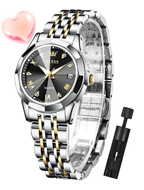 OLEVS Silver Watch for Women Analog Quartz Diamond Fashion Elegant Dress Ladies Watch Stainless Steel Two Tone Day Date Wrist Watches Waterproof Luminous