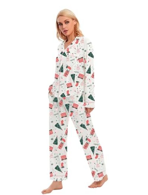 LUBOT 2023 Christmas Pajamas 100% Cotton Pajama for Women Soft Long Sleeve Button-Down Xmas 2PC PJ Sleepwear Loungewear