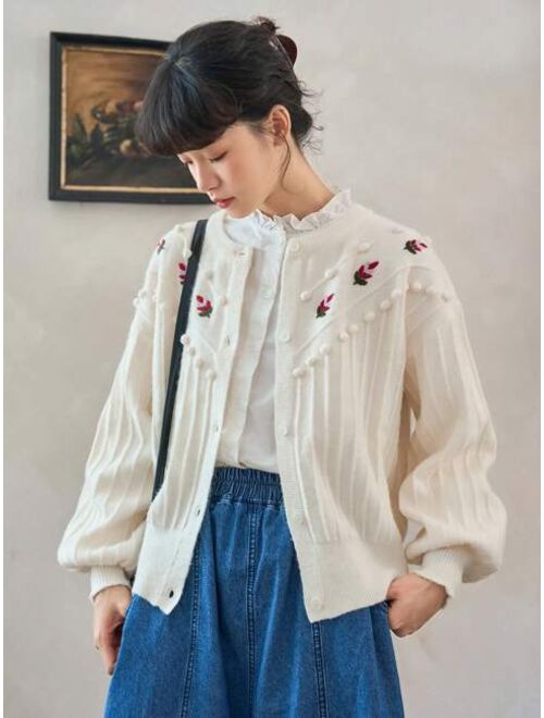 FRIFUL Floral Embroidery Pom Pom Detail Lantern Sleeve Cardigan