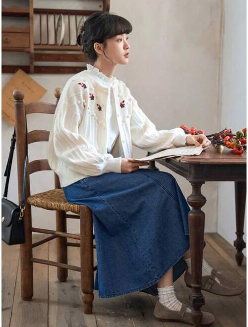 FRIFUL Floral Embroidery Pom Pom Detail Lantern Sleeve Cardigan