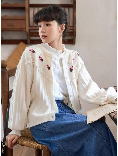 FRIFUL Floral Embroidery Pom Pom Detail Lantern Sleeve Cardigan