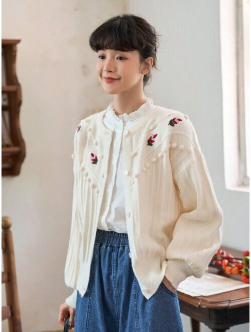 FRIFUL Floral Embroidery Pom Pom Detail Lantern Sleeve Cardigan