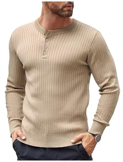 Mens Knitted Henley Shirts Casual Long Sleeve Slim Fit Lightweight Ribbed Pullover Sweater