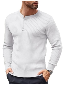 Mens Knitted Henley Shirts Casual Long Sleeve Slim Fit Lightweight Ribbed Pullover Sweater