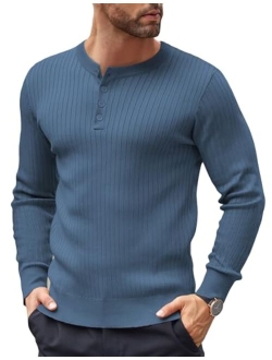 Mens Knitted Henley Shirts Casual Long Sleeve Slim Fit Lightweight Ribbed Pullover Sweater