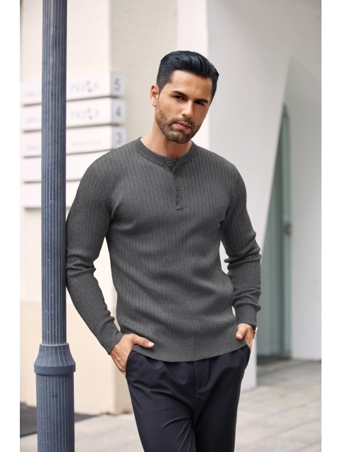 COOFANDY Mens Knitted Henley Shirts Casual Long Sleeve Slim Fit Lightweight Ribbed Pullover Sweater