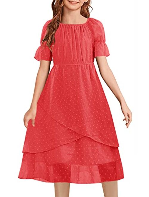 HOSIKA Girls Summer Dress Swiss Dot Short Sleeve Boho Ruffle Flowy Casual Party Dresses for 6-12 Years