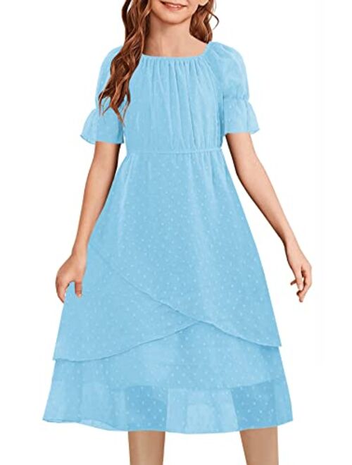 HOSIKA Girls Summer Dress Swiss Dot Short Sleeve Boho Ruffle Flowy Casual Party Dresses for 6-12 Years