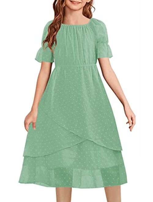 HOSIKA Girls Summer Dress Swiss Dot Short Sleeve Boho Ruffle Flowy Casual Party Dresses for 6-12 Years