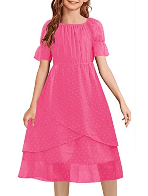 HOSIKA Girls Summer Dress Swiss Dot Short Sleeve Boho Ruffle Flowy Casual Party Dresses for 6-12 Years