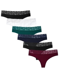 Women's Lace Thongs Half See Through T Back Low Rise Hipster Panties 6-Pack