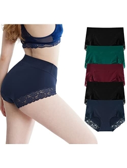 Women's Lace Trim Underwear High Waisted Stretchy Cotton Briefs 5-Pack