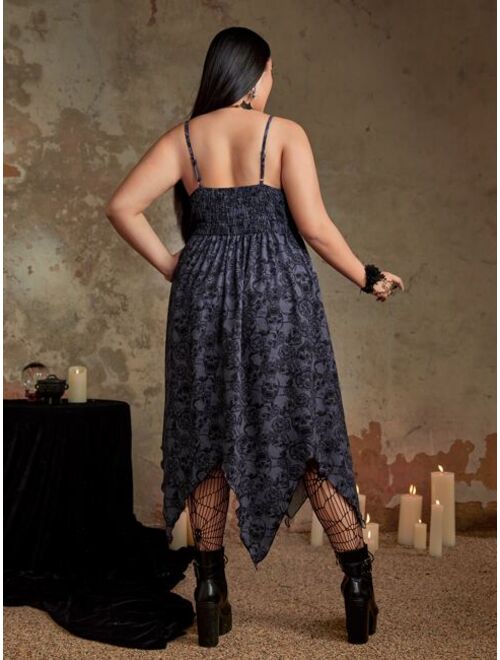 ROMWE Shein Goth Plus Skull Print Hanky Hem Cami Dress Without Belt