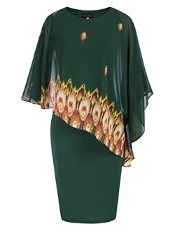 Hanna Nikole Women's Sleeveless Cape Dress with Chiffon Overlay Bodycon Pencil Dress