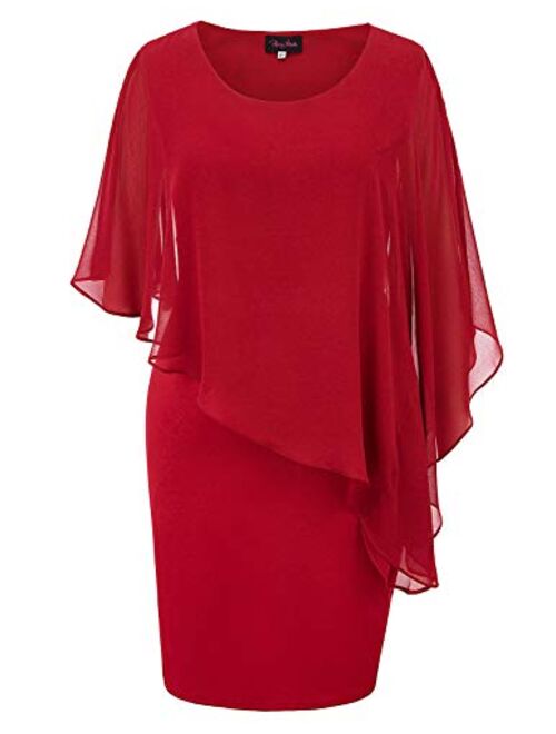 Hanna Nikole Women's Sleeveless Cape Dress with Chiffon Overlay Bodycon Pencil Dress