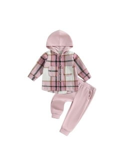 Douhoow Toddler Unisex Baby Clothes Boys Girls Flannel Shirt Tops Plaid Hoodie Sweatshirt + Sweatpants Fall Winter Outfits