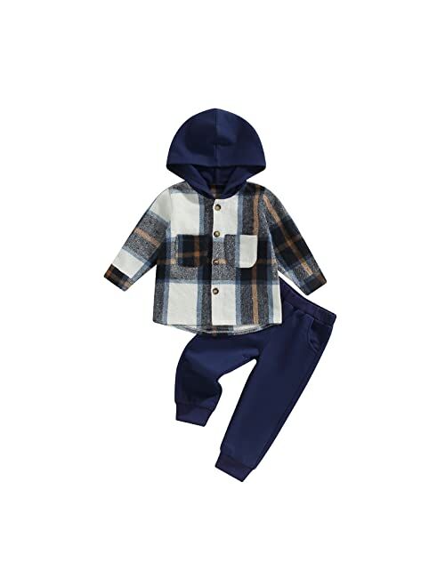 Douhoow Toddler Unisex Baby Clothes Boys Girls Flannel Shirt Tops Plaid Hoodie Sweatshirt + Sweatpants Fall Winter Outfits